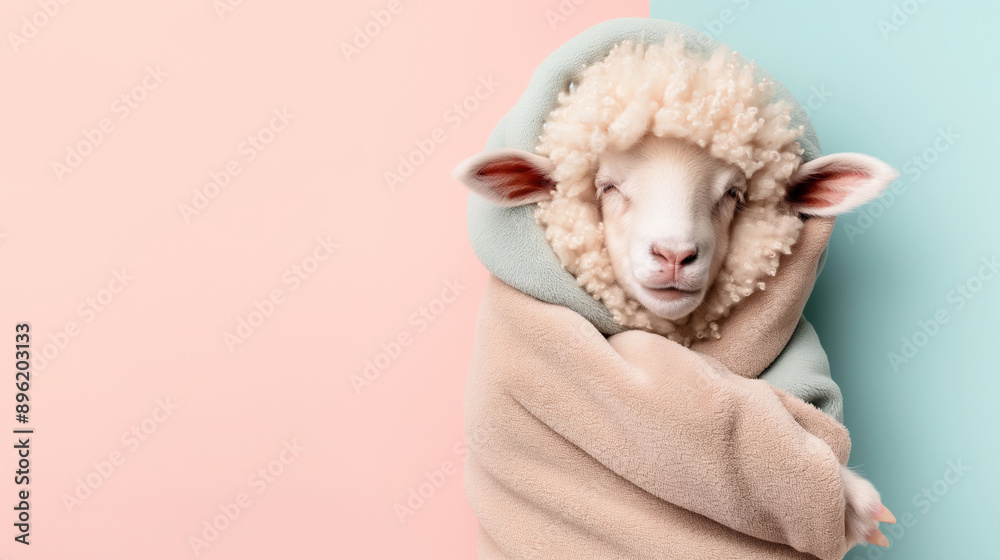 Obraz premium Lamb wrapped in a beige blanket against a split pastel pink and blue background, looking calm and cozy.