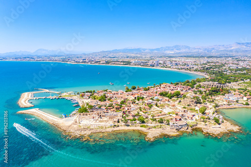 Fototapeta Naklejka Na Ścianę i Meble -  Aerial top drone view of ancient Side town, Antalya Province in Turkey