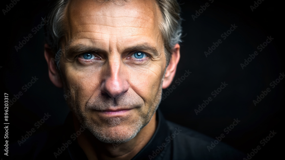 Illuminated isolated portrait space featuring a mature male with bright light eyes posed against a stark black background with ample copy space available.