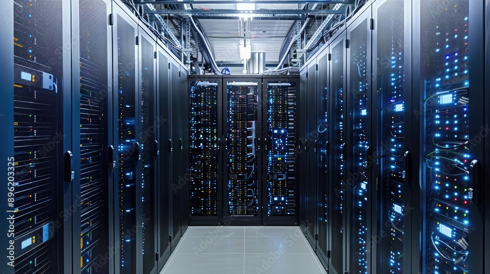 A server room with rows of blade servers and cooling systems, powering critical business applications and online services.