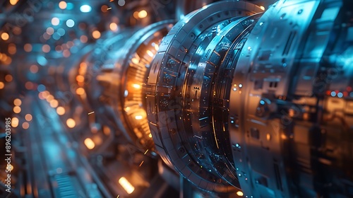 Tack-sharp shot of a fusion reactor prototype, cutting-edge energy concept, scientists at work, 