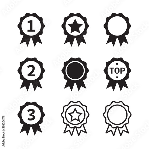 Awards icon silhouette badge with ribbon icon set, Medal, winner prize icon in flat linear style. Vector premium product certified or best choice recommended award stock vector,