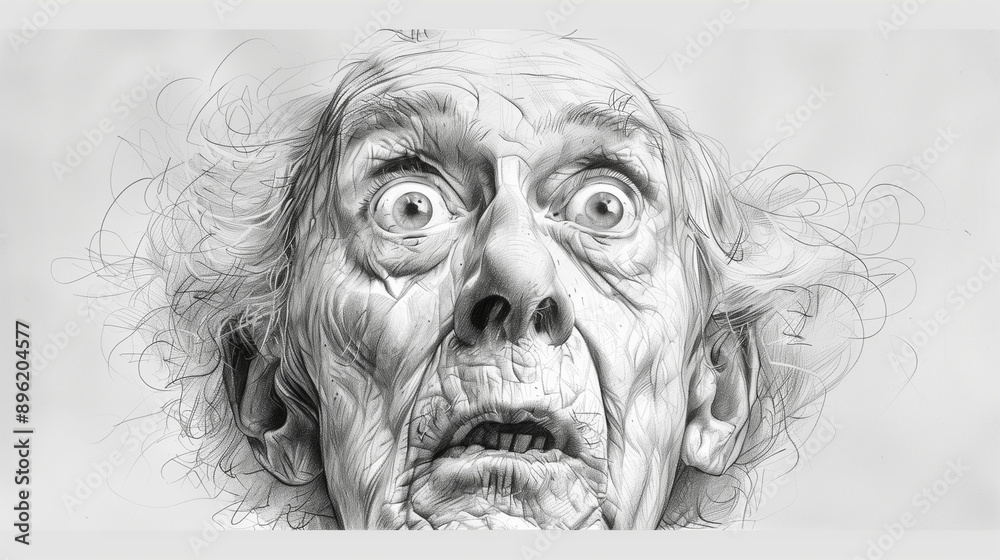 Sketch of an elderly person's surprised face with raised eyebrows and slightly open mouth, minimalist lines on a white background Sketch of an elderly person's surprised face with raised eyebrows and slightly open mouth, minimalist lines on a white background