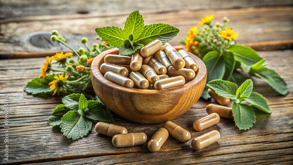 Photograph of herbal supplement capsules in a wooden bowl, arranged with natural elements on a rustic background Photograph of herbal supplement capsules in a wooden bowl, arranged with natural elements on a rustic background