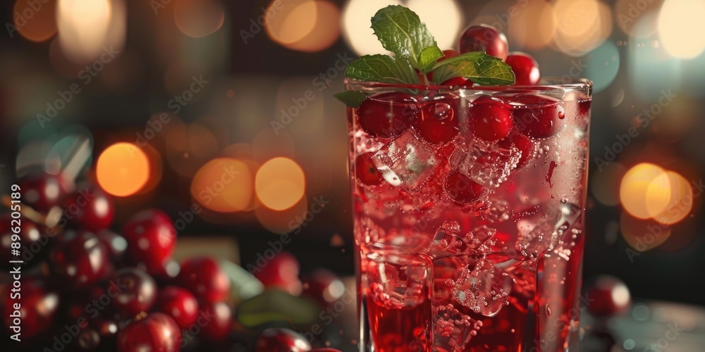 A glass of cranberry sparkling water garnished with berries, served for a festive holiday celebration. A glass of cranberry sparkling water garnished with berries, served for a festive holiday celebration.