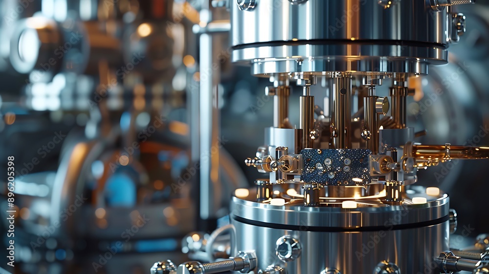 A highly detailed quantum computer in a high-tech lab. A highly detailed quantum computer in a high-tech lab.