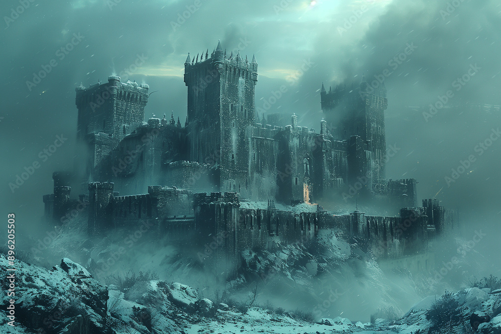 A Hailstorm Battering a Medieval Castle at Twilight: Dramatic Weather Art A Hailstorm Battering a Medieval Castle at Twilight: Dramatic Weather Art