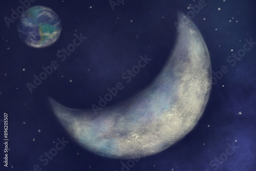Painting of  the Moon and planet earth in outer space