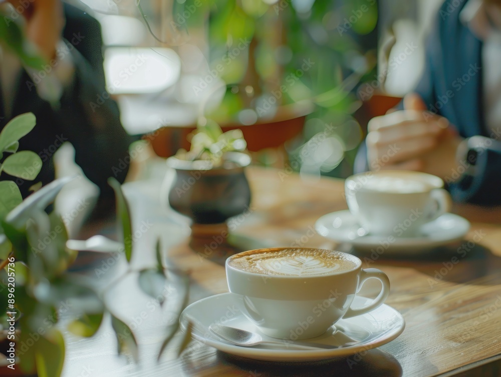 Two people enjoying coffee and conversation at an outdoor cafe. Two people enjoying coffee and conversation at an outdoor cafe.