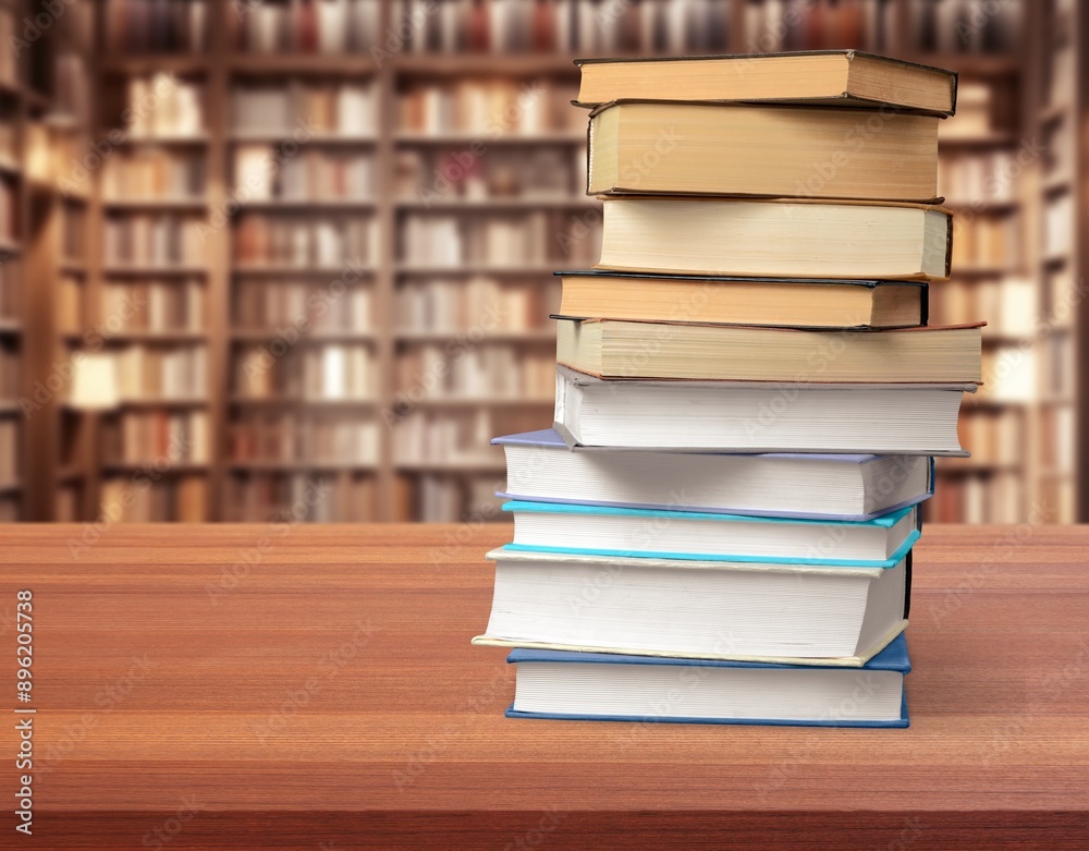 stack of books in library on wooden table stack of books in library on wooden table