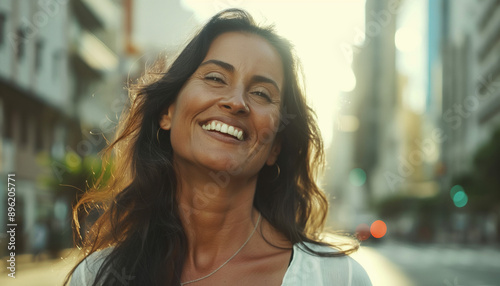 Retrato Cinematográfico de Mulher Brasileira de 40 Anos com Cabelos Longos Caminhando na Avenida Paulista, Brasil, Sorridente, em Alta Resolução, IA Generativa photo