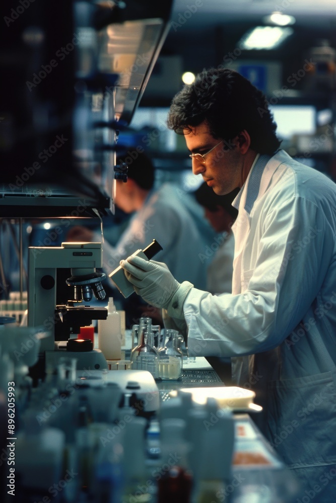 Man wearing gloves working on test tubes and flasks Man wearing gloves working on test tubes and flasks