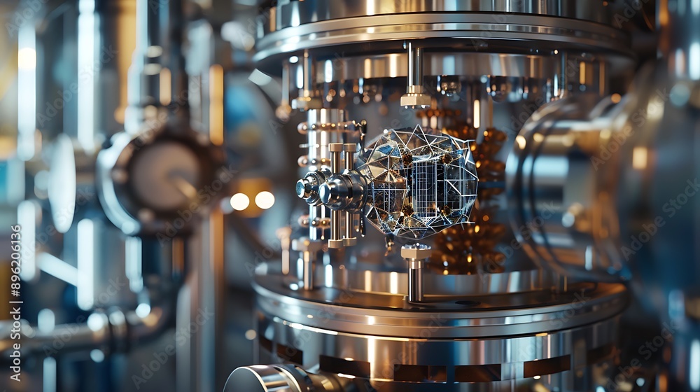 A highly detailed quantum computer in a high-tech lab. A highly detailed quantum computer in a high-tech lab.