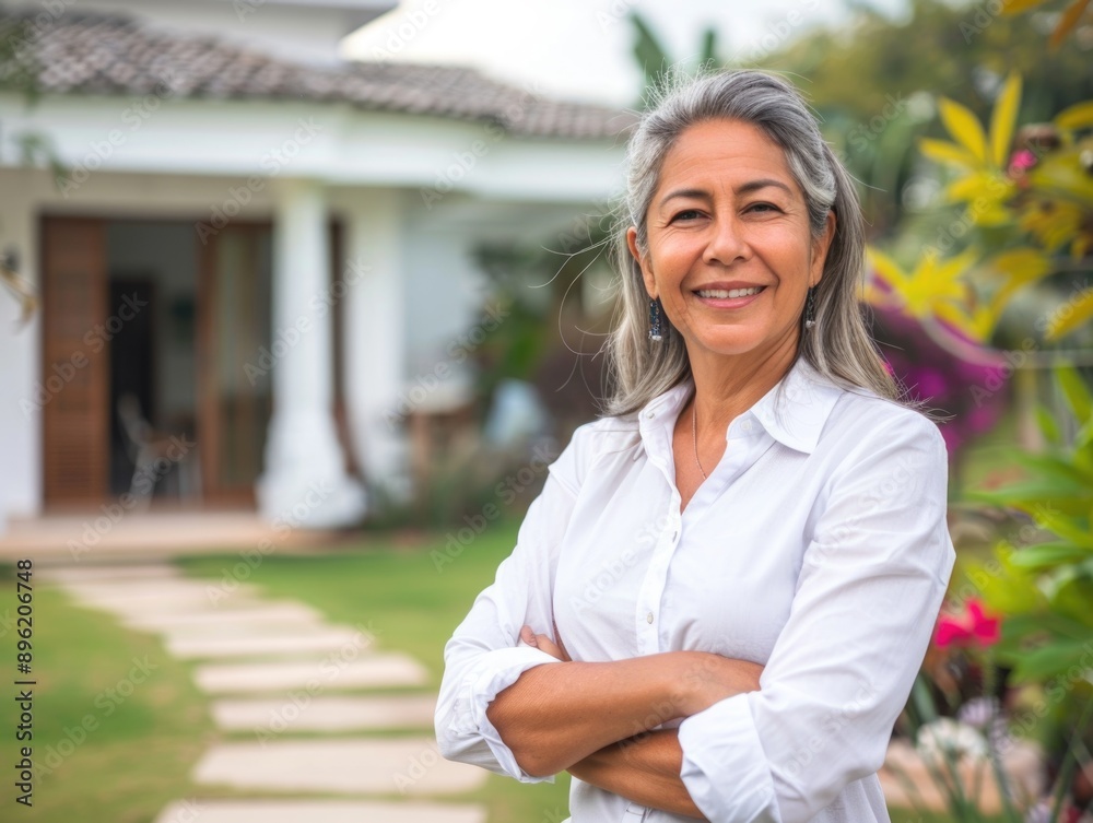 Friendly, approachable woman with grey hair, smiling at the camera, standing outside a home Friendly, approachable woman with grey hair, smiling at the camera, standing outside a home