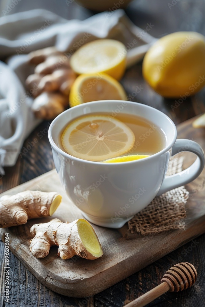 A soothing warm ginger, lemon and honey tea with spices like cinnamon and turmeric, set on a wooden table. This herbal beverage is known for its medicinal properties and immune support.