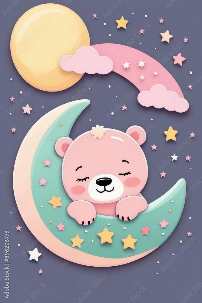 Adorable baby sleeping bear cub on the moon the background starry sky. Adorable baby sleeping bear cub on the moon the background starry sky.