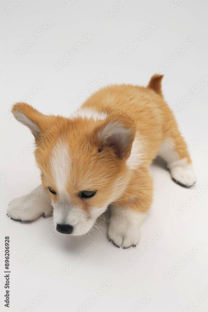 Adorable young corgi with curly fur. Tiny paws on the ground.