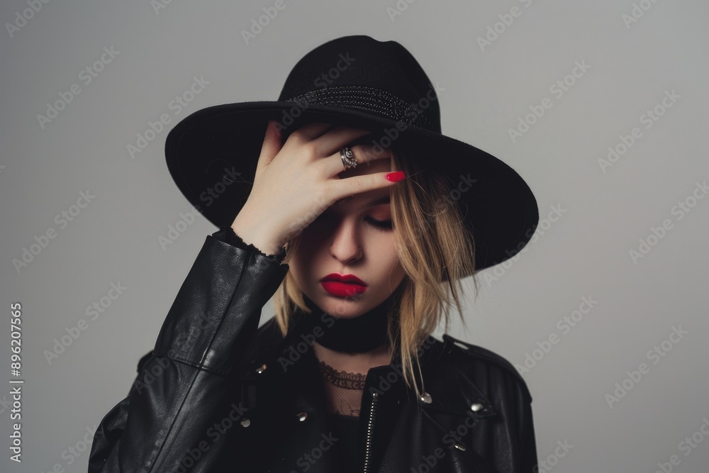 A stylish model with a black hat and leather jacket. Confident expression. A stylish model with a black hat and leather jacket. Confident expression.
