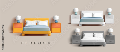 A set of colored furniture for the bedroom, interior, 3D. For advertising bedroom furniture, textiles, coziness, comfort. Renting and buying real estate, booking a room. Vector