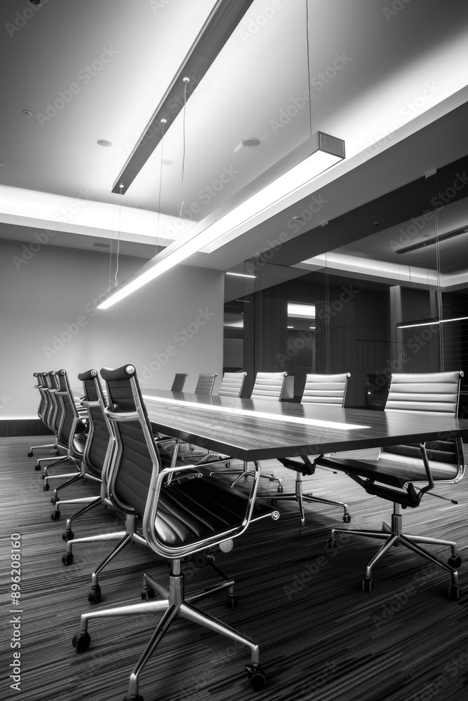 Fototapeta premium A professional office setting with a long table and chairs.