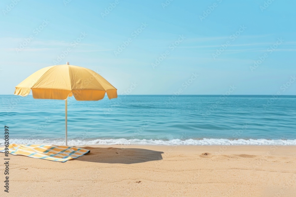 Yellow beach umbrella and towel on the sand. Sunny day on the beach. Сopy space for text. Concept: abnormal heat, summer vacation, travel Yellow beach umbrella and towel on the sand. Sunny day on the beach. Сopy space for text. Concept: abnormal heat, summer vacation, travel