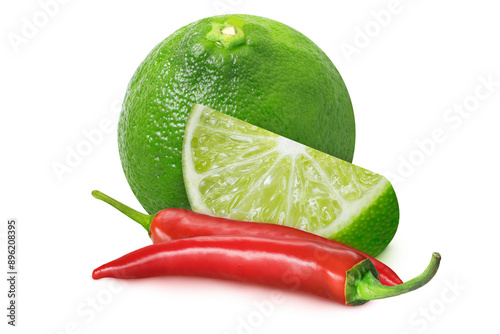 Limes and chili peppers on isolated white background.
