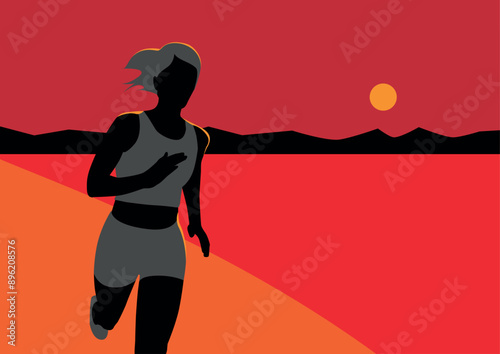 a woman running against the light in front of a sunset with mountains in the background
