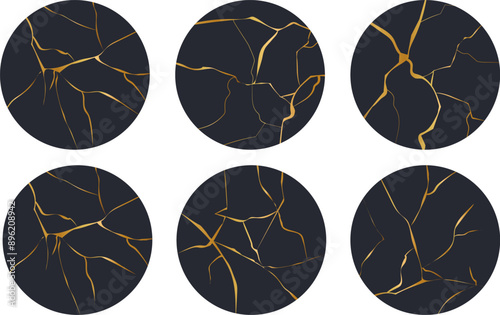Highlight cover circle Kintsugi gold simple break lines, asian geaometric crackle. Social media frame surface with crack print, effect. Moderm cover golden broken texture.