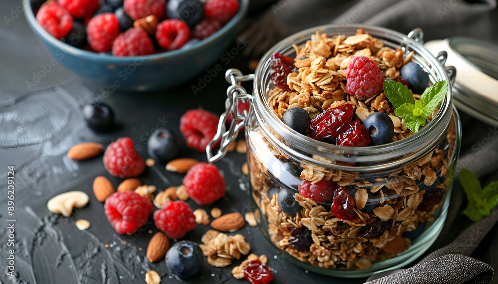 jar of homemade granola mixed with dried fruits and nuts and accompanied by a bowl of fresh mixed berries jar of homemade granola mixed with dried fruits and nuts and accompanied by a bowl of fresh mixed berries