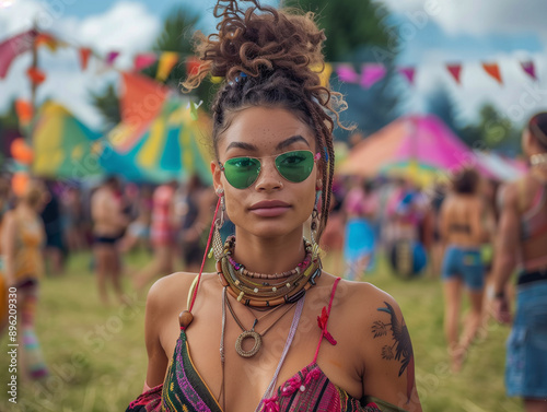 Model in a trendy festival outfit at an outdoor festival