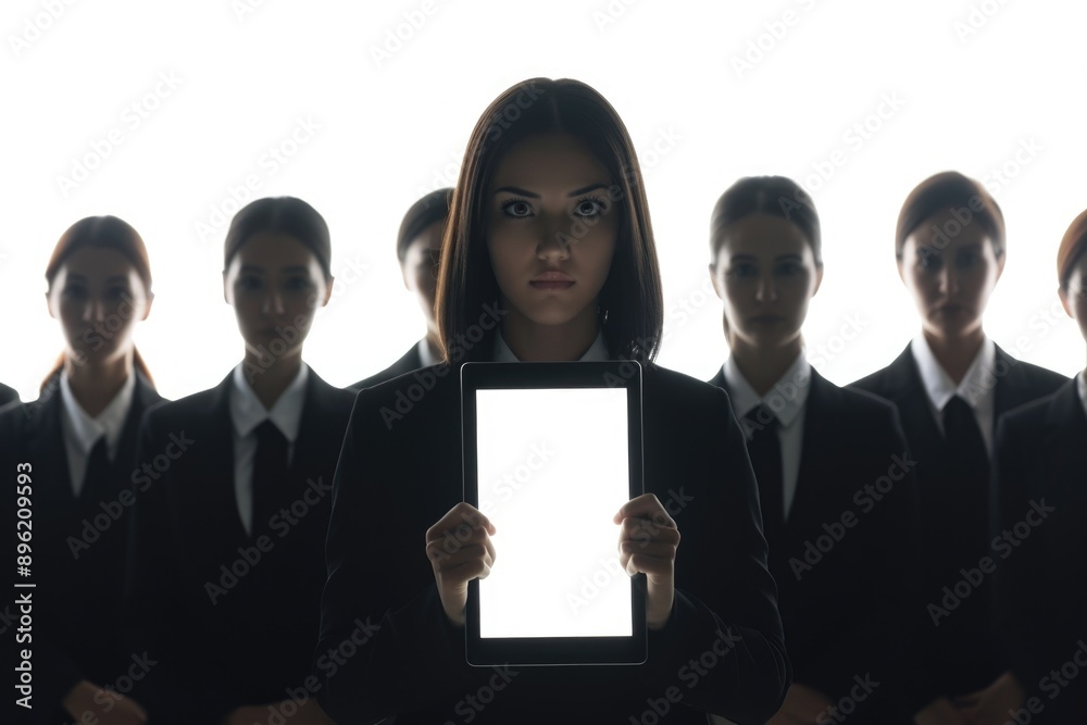 Group of businesswomen in suits holding a tablet, demonstrating professional use of technology and collaboration. Group of businesswomen in suits holding a tablet, demonstrating professional use of technology and collaboration.
