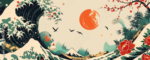 Traditional Japanese artwork with waves, cherry blossoms, and a red sun.