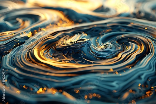 Hypnotic swirls of blue and gold forming intricate wave-like designs photo