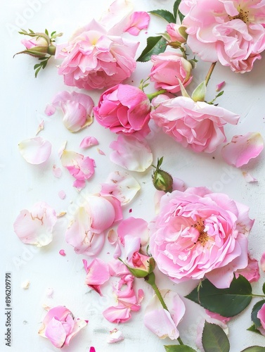 A close up of pink flowers with some petals missing. The flowers are scattered across the image, with some in the foreground and others in the background. Scene is one of beauty and fragility
