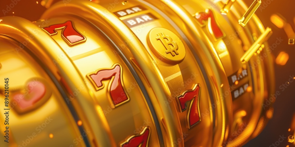 A gold slot machine with a red button and a silver coin with the number 7 on it A gold slot machine with a red button and a silver coin with the number 7 on it