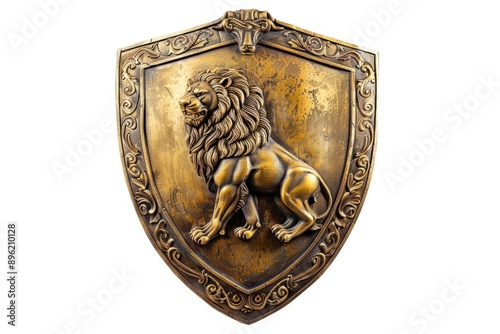 A majestic lion sits atop a shield on a clean white background photo