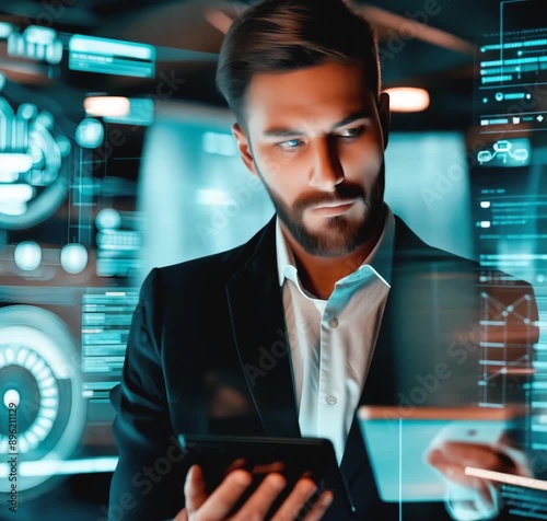 Business man, data and tablet hologram with digital overlay for tech, statistics or stock market. 3d, augmented reality and person with touchscreen for futuristic ia, global trading or investment.
