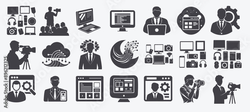 Set related to technology media communication including vlogging web development user experience, internet microphone smartphone headphones