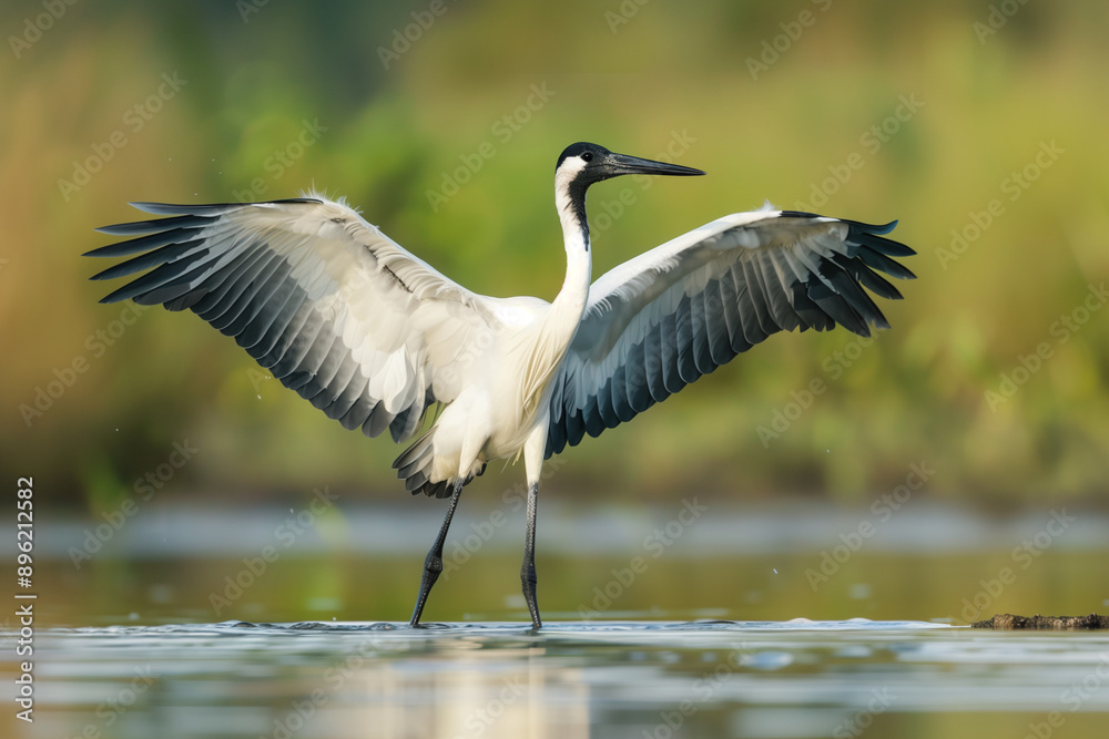 Fototapeta premium Elegant stork or heron bird with white and black plumage, poised in a calm pond or swamp water. Highlighting its large wings and distinctive beak, this image showcases the natural