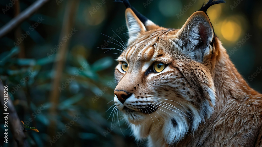 Obraz premium A majestic Lynx, its sleek fur a symphony of silver and gold, prowls through a moonlit forest with silent grace.