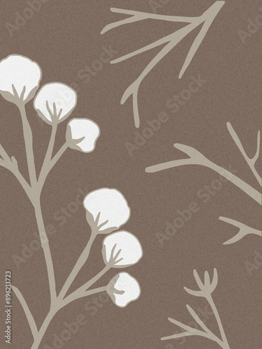 Cotton flower pattern with dry leaves on a brown background