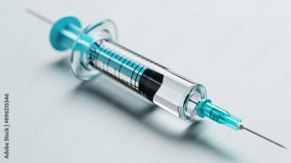 Close-up of a medical syringe with a clear body and turquoise plunger on a light background. Close-up of a medical syringe with a clear body and turquoise plunger on a light background.