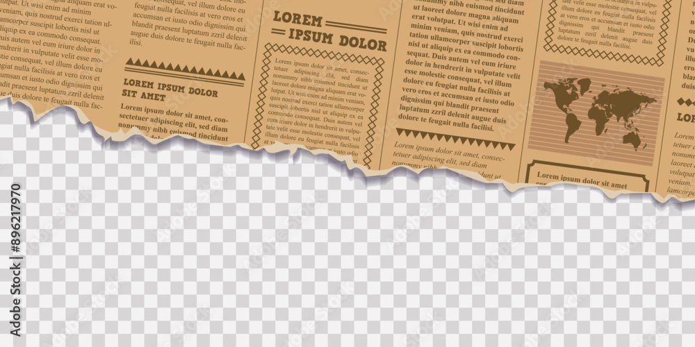 Obraz premium A newspaper with a tattered edge. Torn a half sheet of old paper from the bottom. Isolated background. Template for your design. Ready for your message. Vector illustration. Front view. Banner