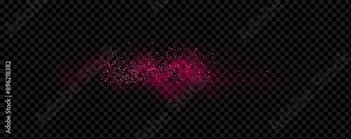 Pink powder dust with glittering shimmering swirls, shiny glitter design. Magical motion, sparkling lines on a black background.