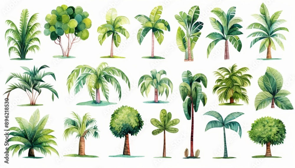 Obraz premium watercolor style illustration of summer tropical tree collection set, cartoon illustration isolated on white background,