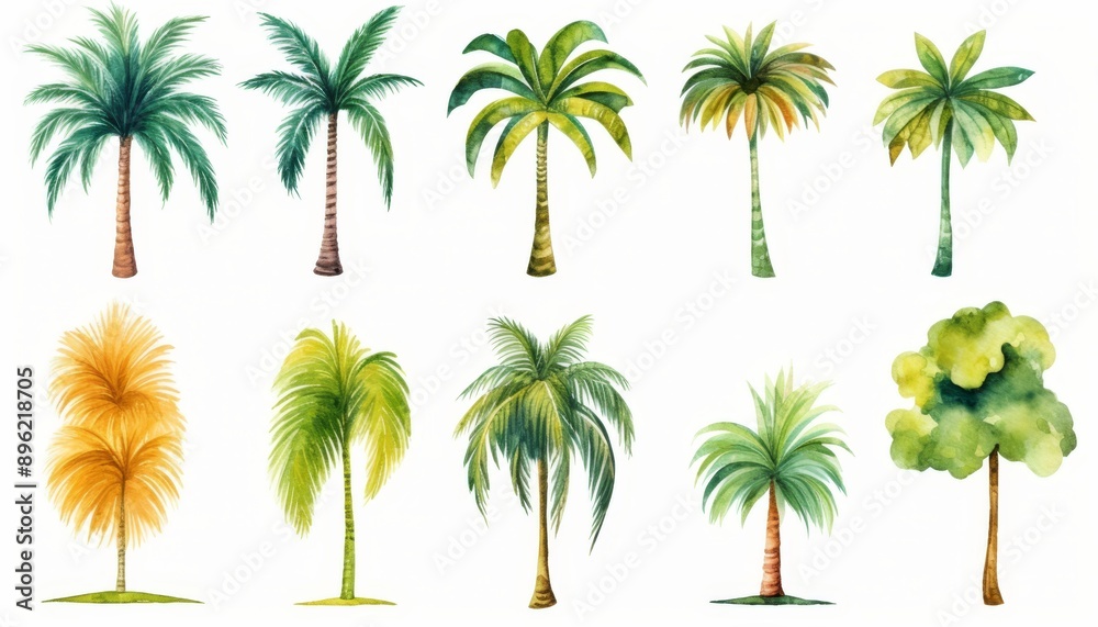 Obraz premium watercolor style illustration of tropical palm tree, collection set isolated on white background