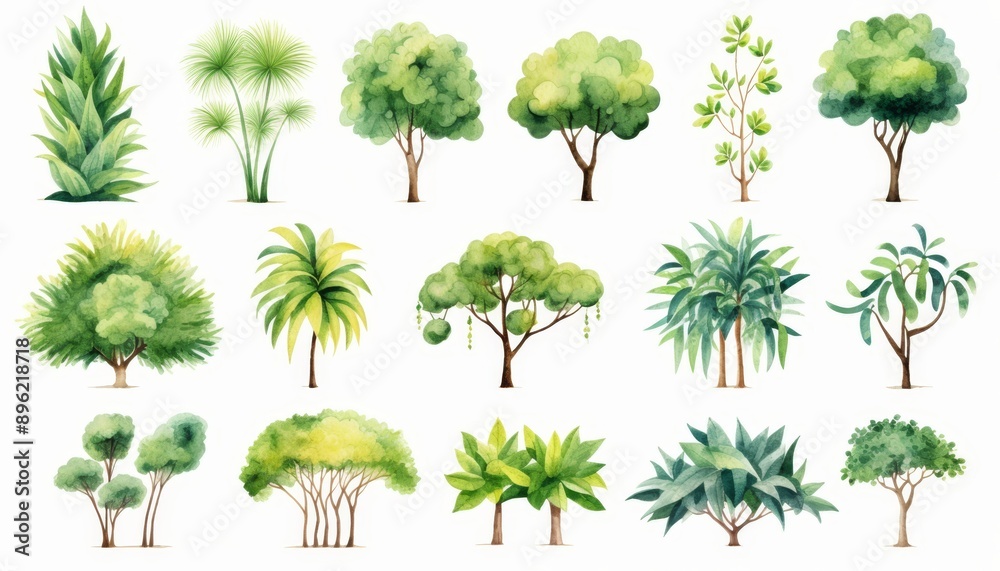 Fototapeta premium watercolor style illustration of summer tropical tree collection set, cartoon illustration isolated on white background,