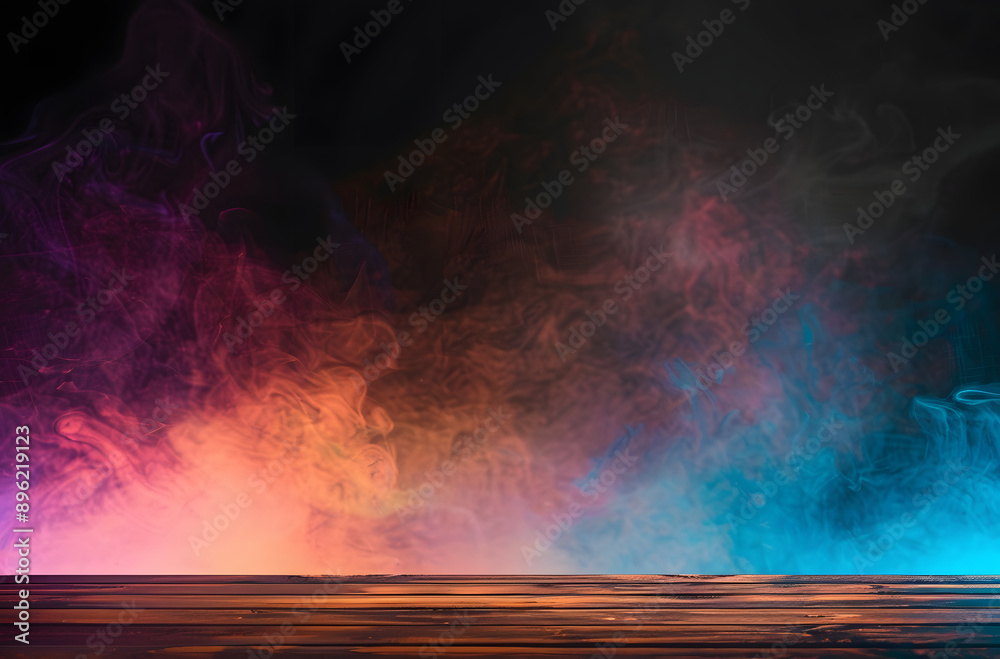Obraz premium empty wooden table with colorful smoke float up on dark background