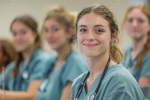 A dynamic student nurses in a nursing skills competition, education, vibrant and light