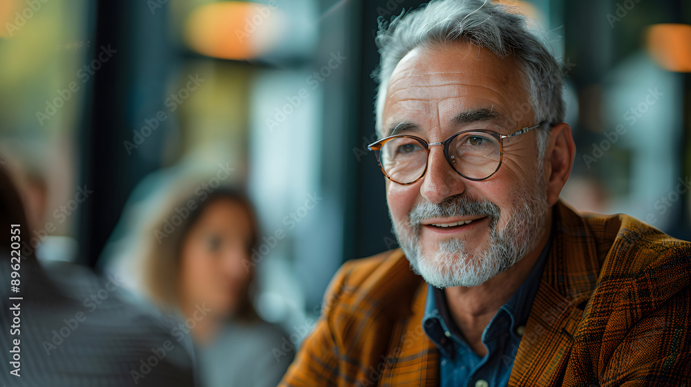 Senior man smiling in a cafe. Generative by AI Senior man smiling in a cafe. Generative by AI
